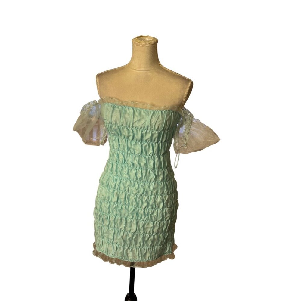 Endless Rose Off-The-Shoulder Ruched Mini Dress With Sheer Puff Sleeves Size S